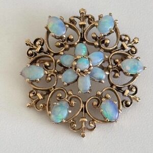 Vintage 14K Yellow Gold Opal Flower Heart Filigree Scroll Pendant Brooch Pin